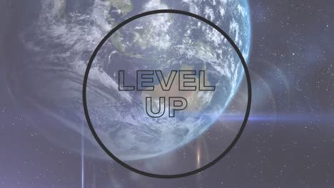 animation of level up text in black circle frame over earth and universe