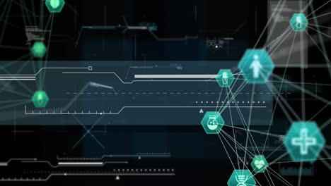 animación de la red de conexiones con iconos médicos a través del procesamiento de datos.
