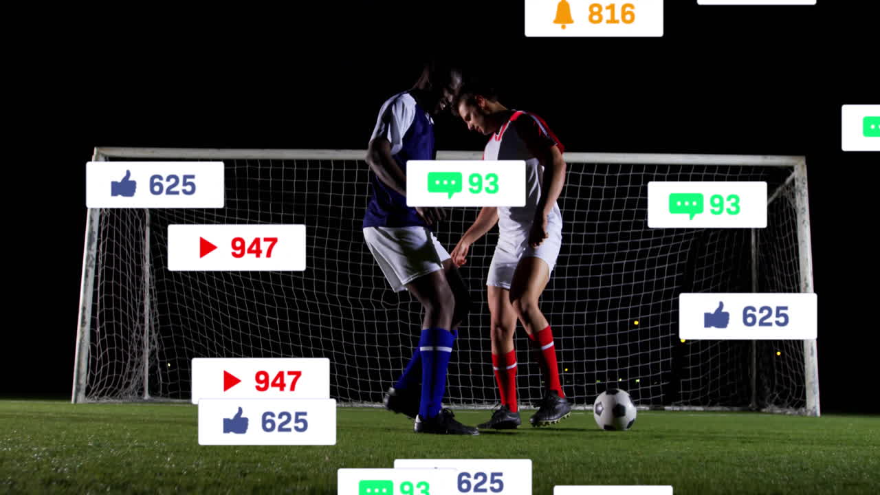 Animation of social media notifications overlaying soccer players on field