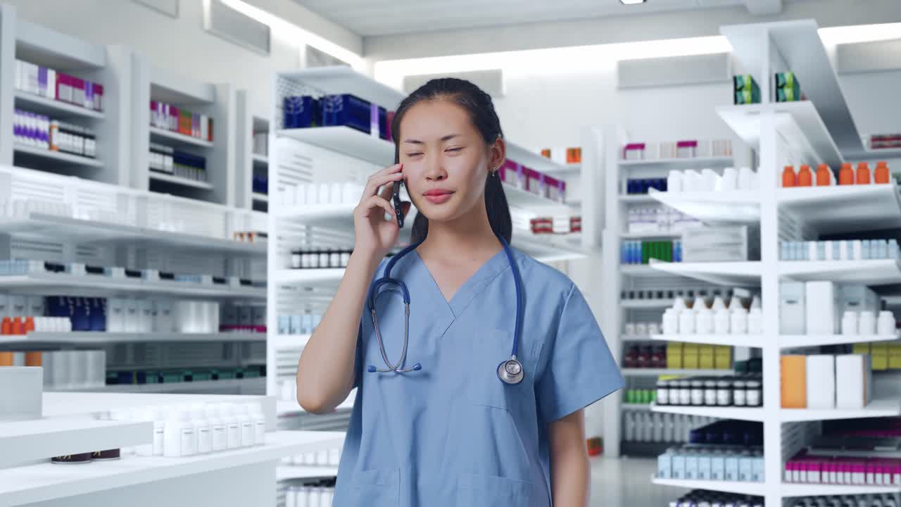 약국에서 전화를 하는 약사