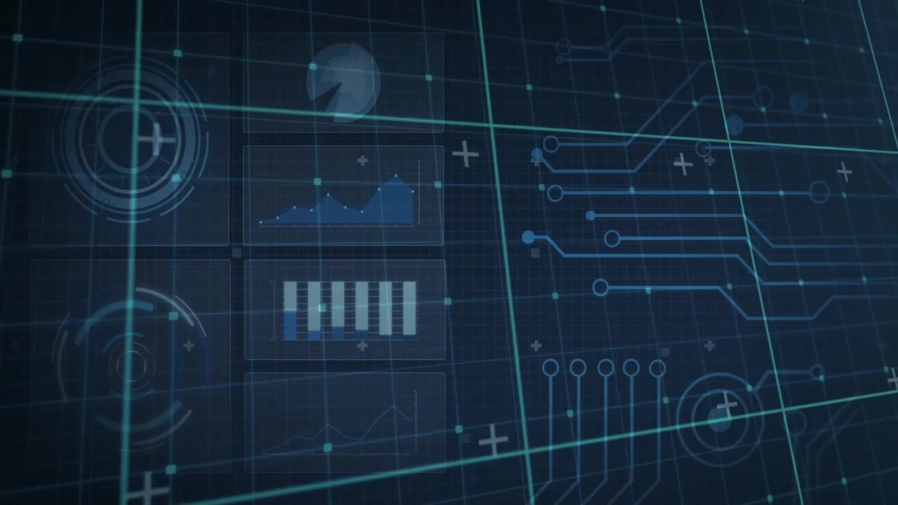 Dark grid and HUD panels initiating sweep and diagonal line lighting nodes for data scanning