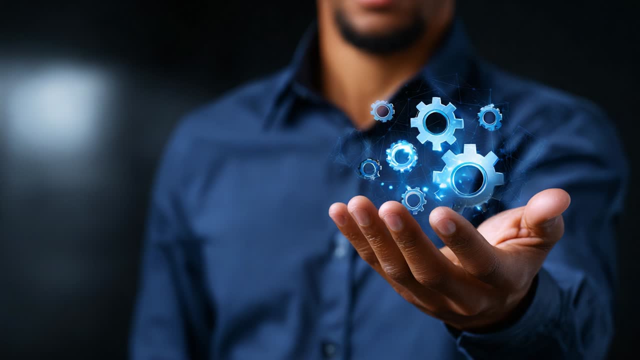 A person holds a glowing orb of interconnected gears, symbolizing the fusion of technology and innovation, showcasing a modern approach to problem-solving and progress in the digital age