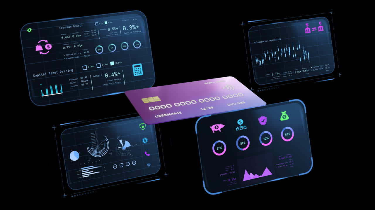 Animation of screens with banking data over black background
