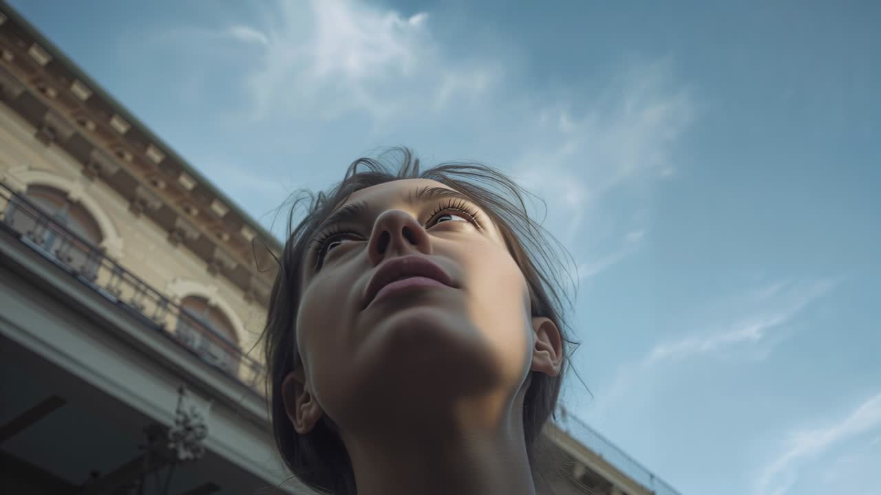 Mulher na rua, com brinco de pino, inclinando a cabeça para cima e contemplando o céu e as lâmpadas ornamentadas da fachada.