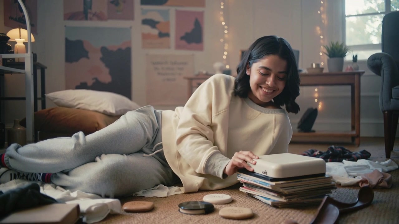 Selecting teen girl on rug flipping records, lifting turntable in bedroom to play music