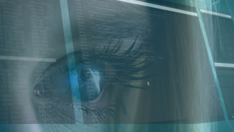 animación del ojo azul de la mujer abriendo y desplazando información digital con líneas blancas