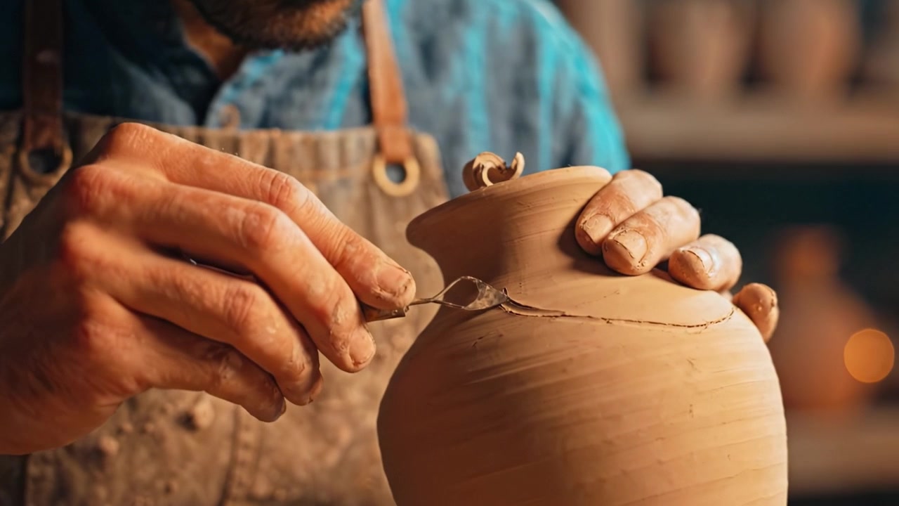 Artesano magistral trabajando, creando intrincados diseños de cerámica con precisión y habilidad, mostrando el arte de la artesanía y la tradición en la escultura de arcilla.