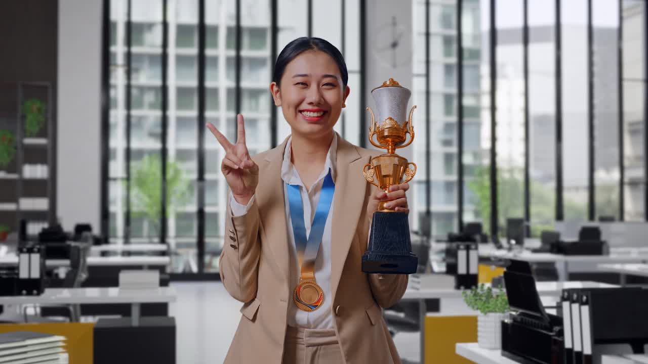 asian business woman in a suit with a gold medal and trophy showing ...