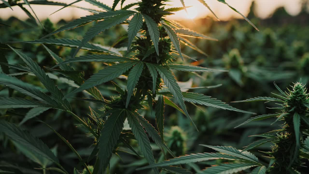 Primo piano di piante di cannabis che crescono in un campo al tramonto.