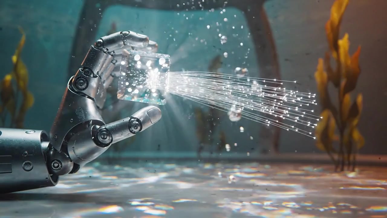 A robotic hand delicately holds a transparent cube underwater, showcasing the interplay of light, bubbles, and aquatic plants in a mesmerizing aquatic environment.