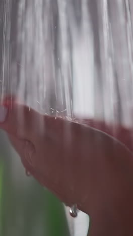 mujer cubriendo las manos bajo el arroyo que fluye. mujer toma placer en el calor del agua caliente. joven está de pie bajo el spray reconfortante de agua caliente