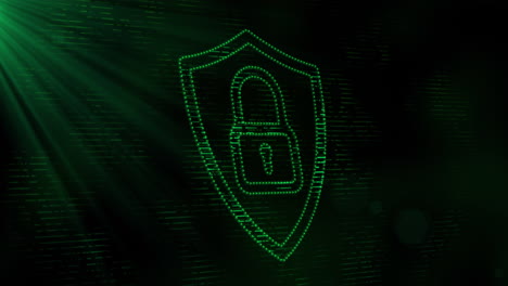 animation of digital computer interface online security green padlock icon on glowing background