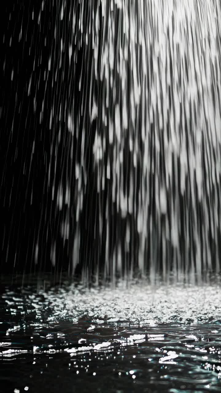 A dramatic, close-up video still of water droplets cascading from above, captured from a low angle