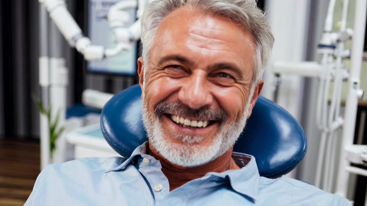 Happy Mature Man Smiling and Laughing in Dental Office