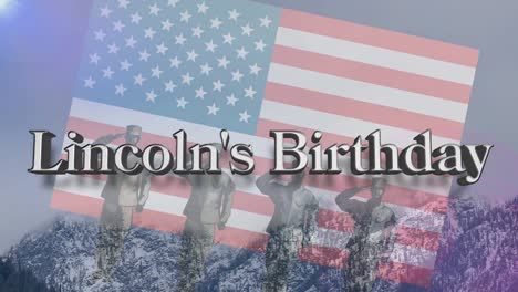 Animation of lincoln&#039;s birthday text over soldier silhouettes and american flag