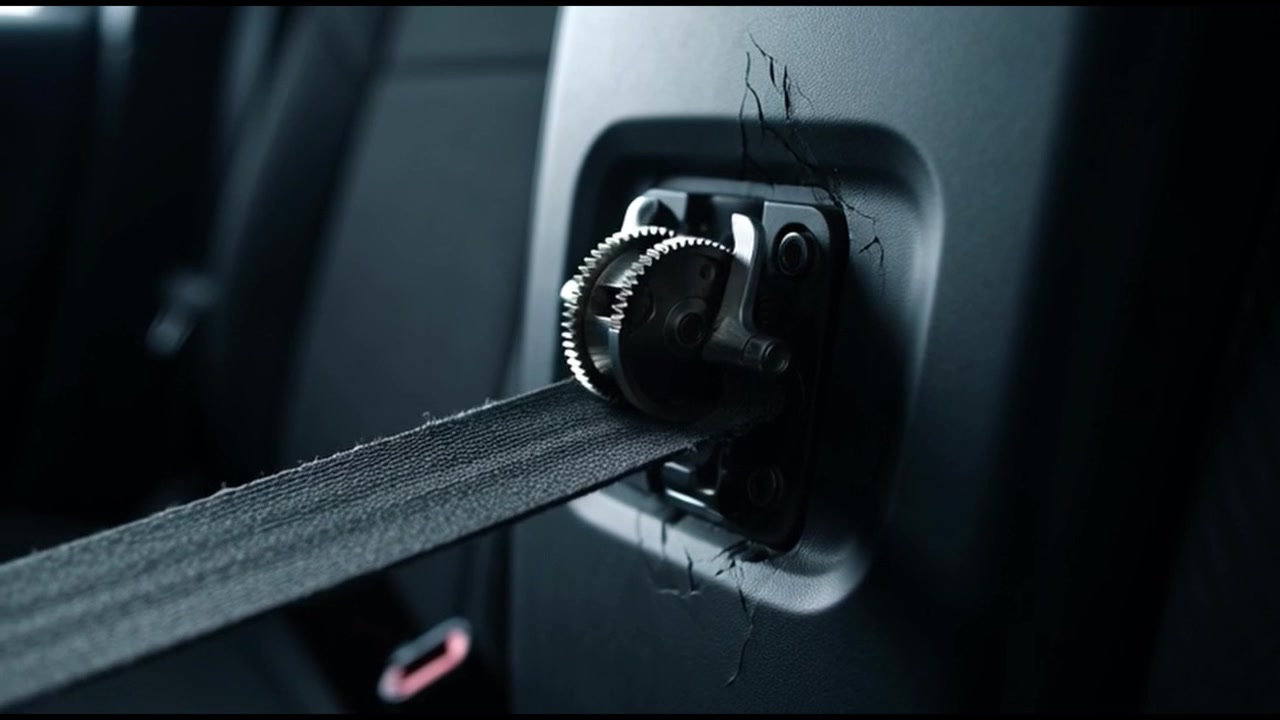 Gros plan sur un mécanisme d'enrouleur de ceinture de sécurité de voiture