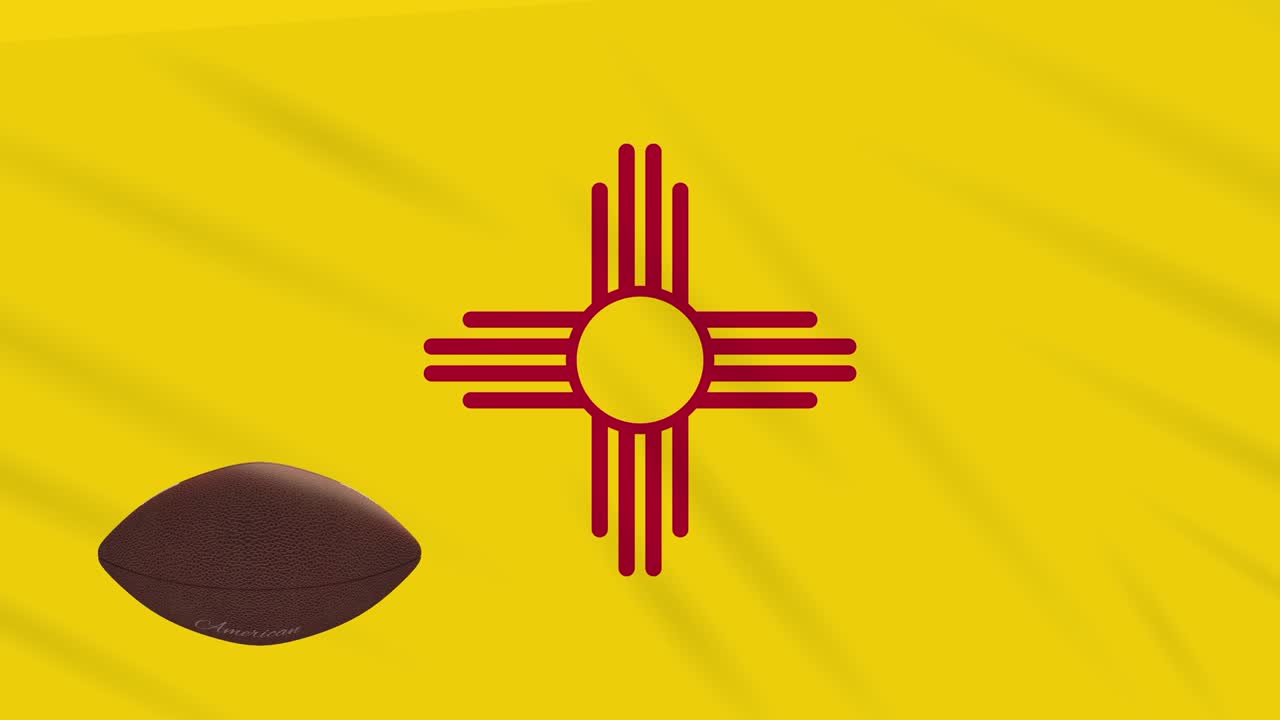 New Mexico flag waving and american football ball rotates, loop