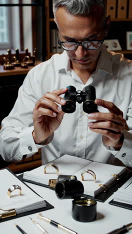a jeweler examining jewelry with a magnifying tool