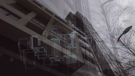 animación de un dibujo de ciudad en 3d que gira sobre el paisaje urbano