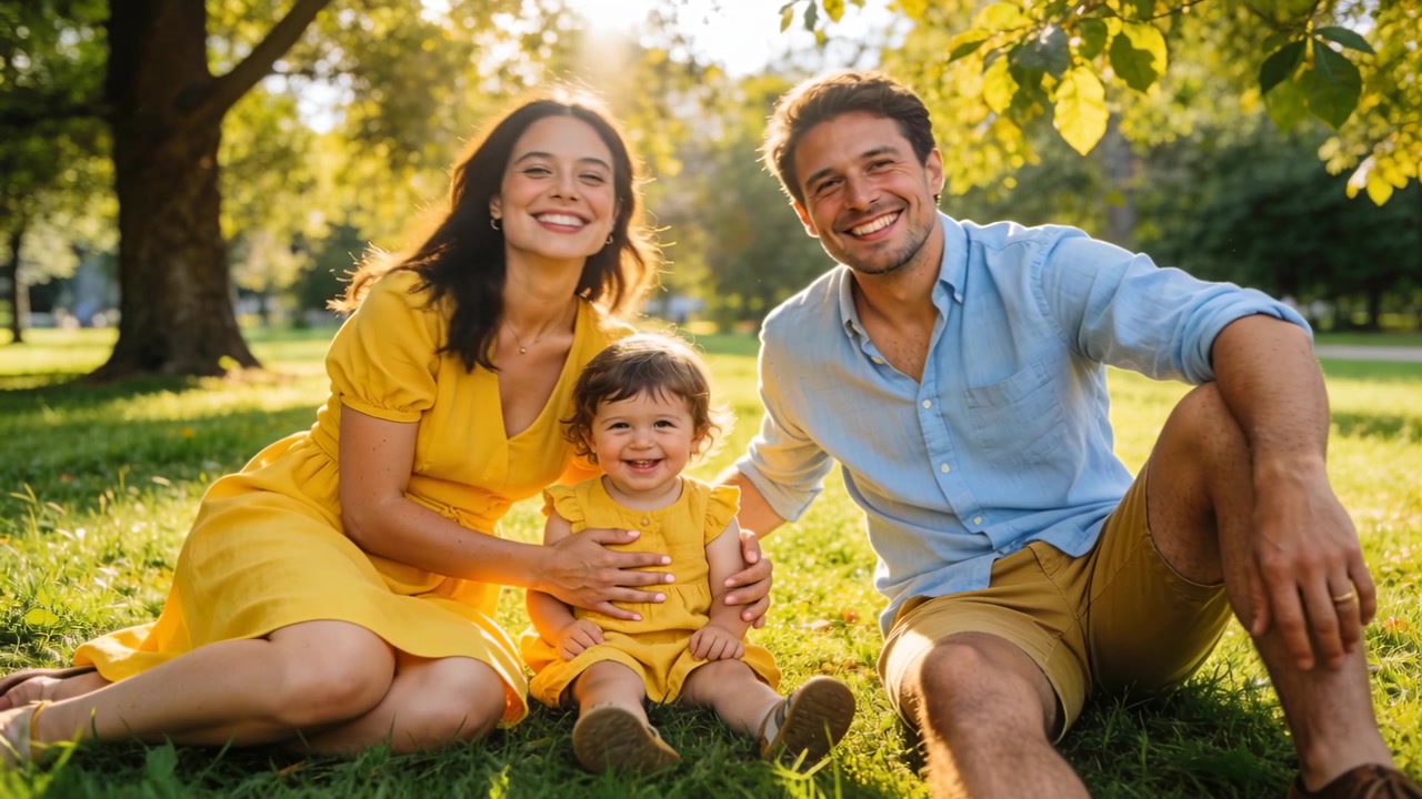 Família sorrindo inclinando-se para firmar a criança pequena enquanto ela ri debaixo de uma árvore no parque, com brilho do sol e vestido amarelo.