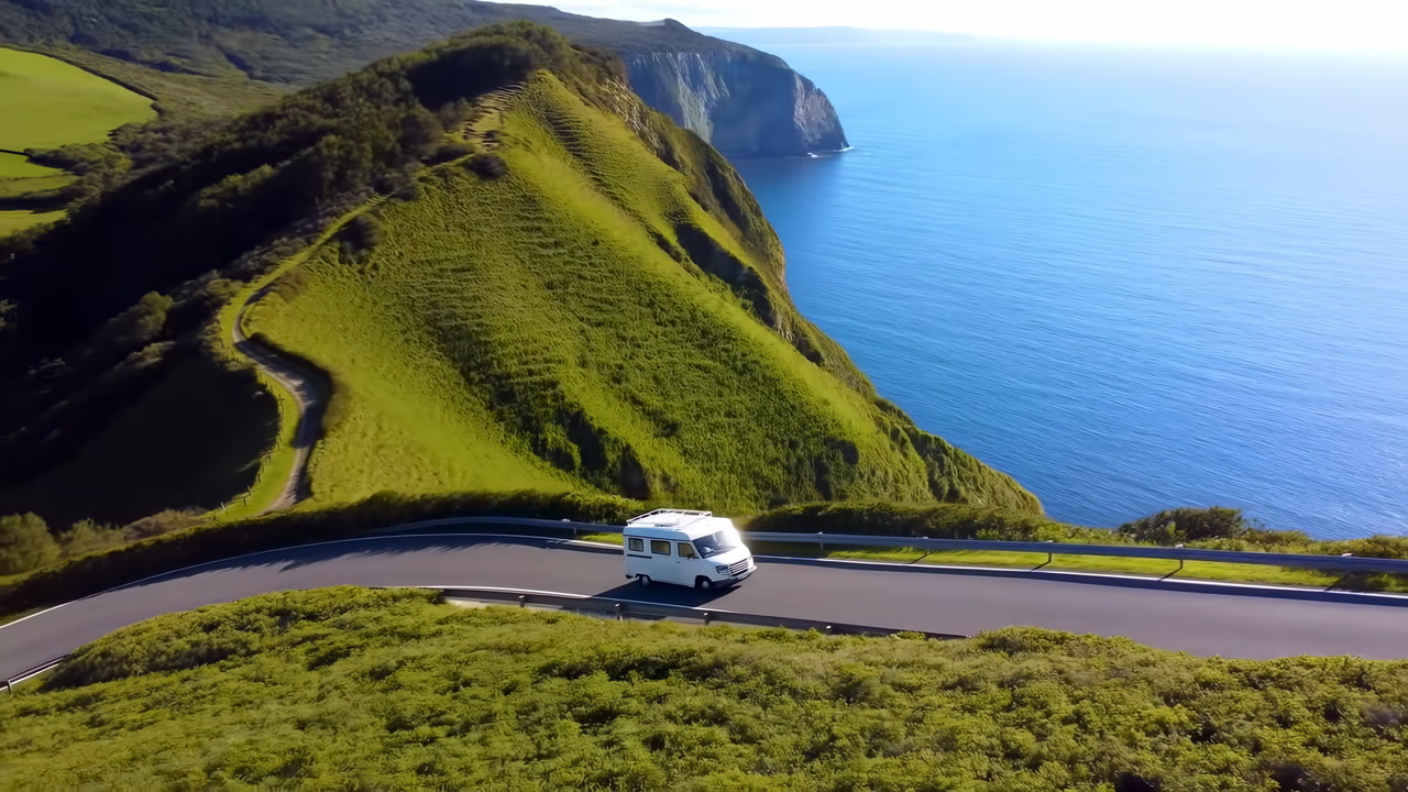 White Camper Van Driving Coastal Road, Winding Cliffside Overlooking Blue Ocean, Aerial Drone View Capturing