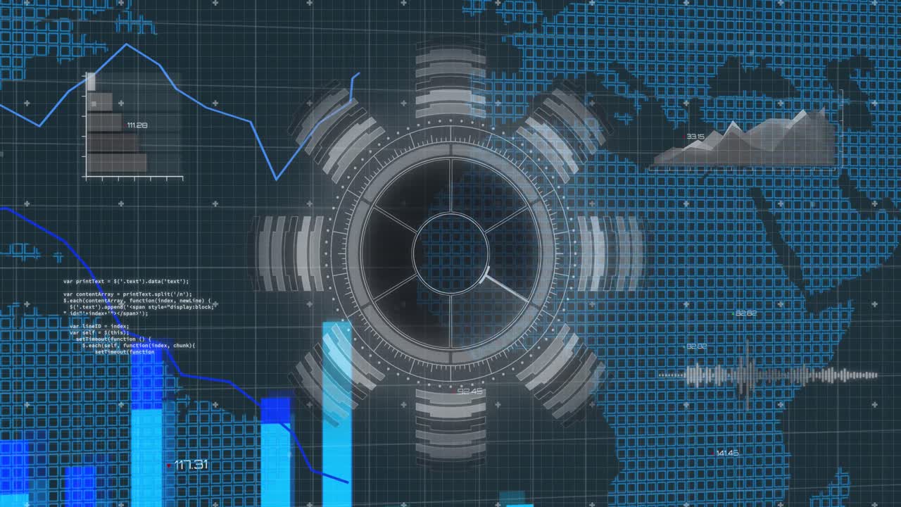 animación de escaneo de alcance y procesamiento de datos sobre el mapa del mundo