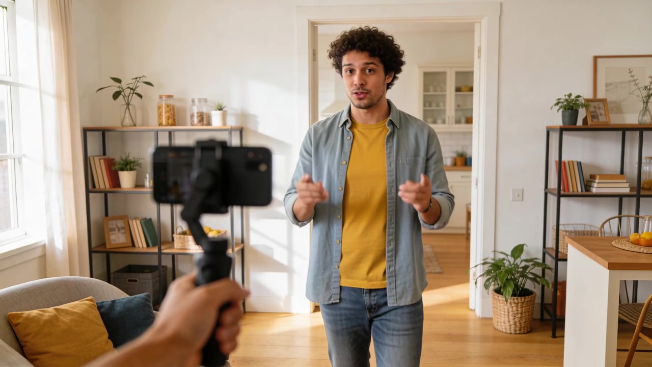 Homem de camiseta mostarda, entrando pela porta da cozinha, apresenta-se para um telefone em um gimbal na sala de estar.