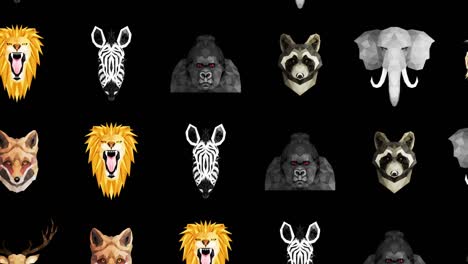 collection of different animals. zoo symbol. low polygon icons. lion, gorilla, zebra, raccoon, fox, elephant, deer, owl. geometric loop animation set.