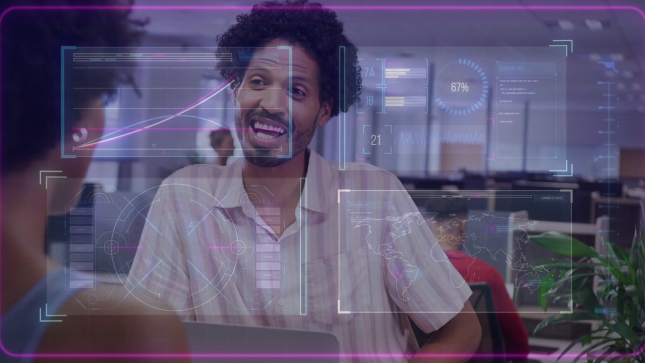 Man replying to left colleague for review, smiling then speaking, clear HUD showing business charts