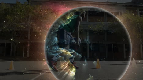 kicking soccer ball, player inside glowing orb with cosmic animation background