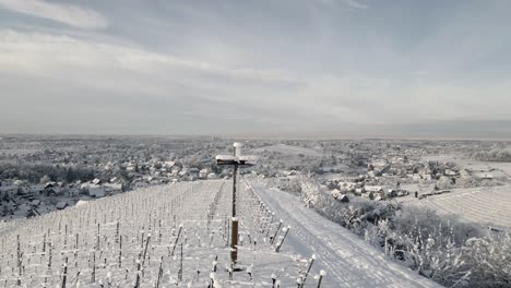 Cruz-Nevada-En-La-Plantación-De-Viñedos-Con-Montañas-Durante-El-Invierno-En-Offenburg,-Alemania