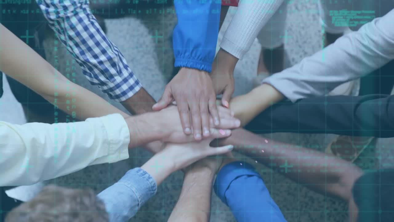 Animation of data processing and shapes over diverse business people teaming up