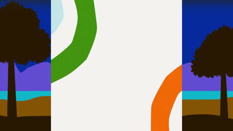 animation of colourful shapes on white background over tree silhouettes