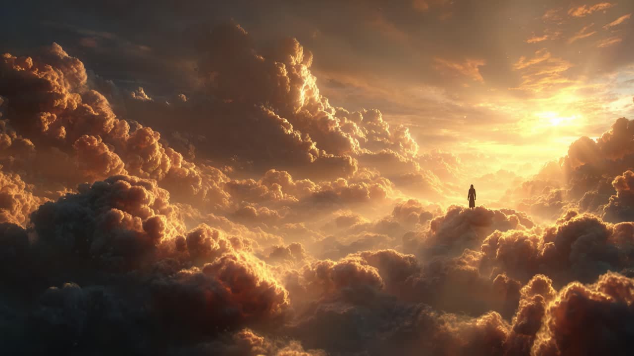 Una figura si staglia in mezzo a una distesa mozzafiato di nuvole dinamiche e luce solare dorata, catturando la bellezza eterea di un paesaggio celeste pieno di calore e meraviglia.