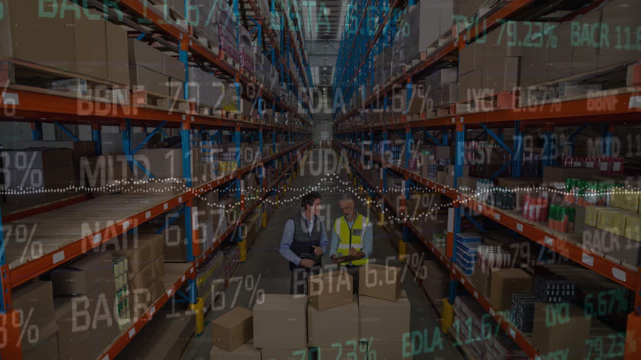 Animazione dell'elaborazione dati su persone che lavorano in un magazzino