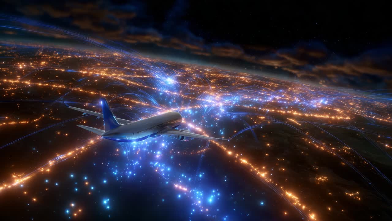 Airplane flying over a network of city lights
