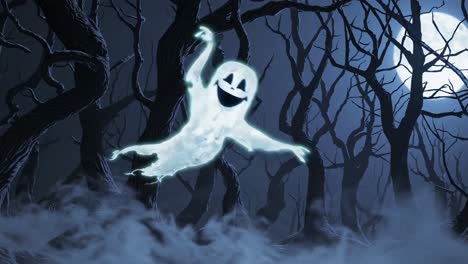 A spooky ghost floats in a dark, eerie forest under a full moon