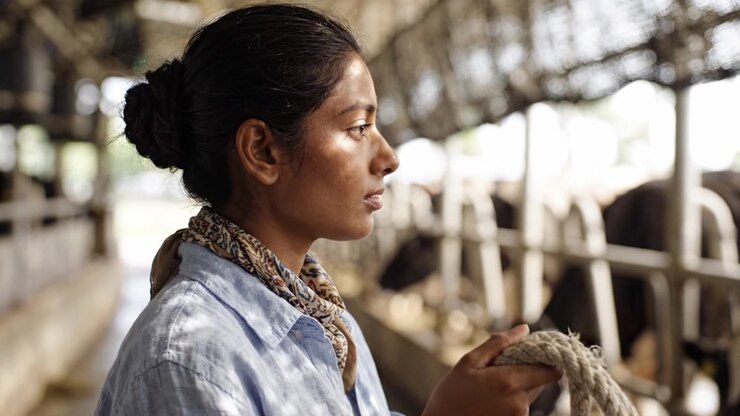 A focused woman thoughtfully manages the livestock in a barn, skillfully holding a rope while contemplating her next steps in the animal care process.