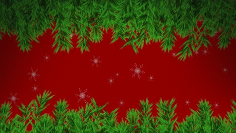 Christmas-tree-branches-and-snowflakes-icons-falling-against-red-background