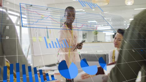 animation of financial data processing over diverse business people