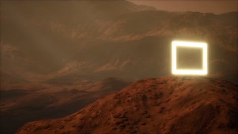 portal de neón en la superficie del planeta marte con el soplo de polvo