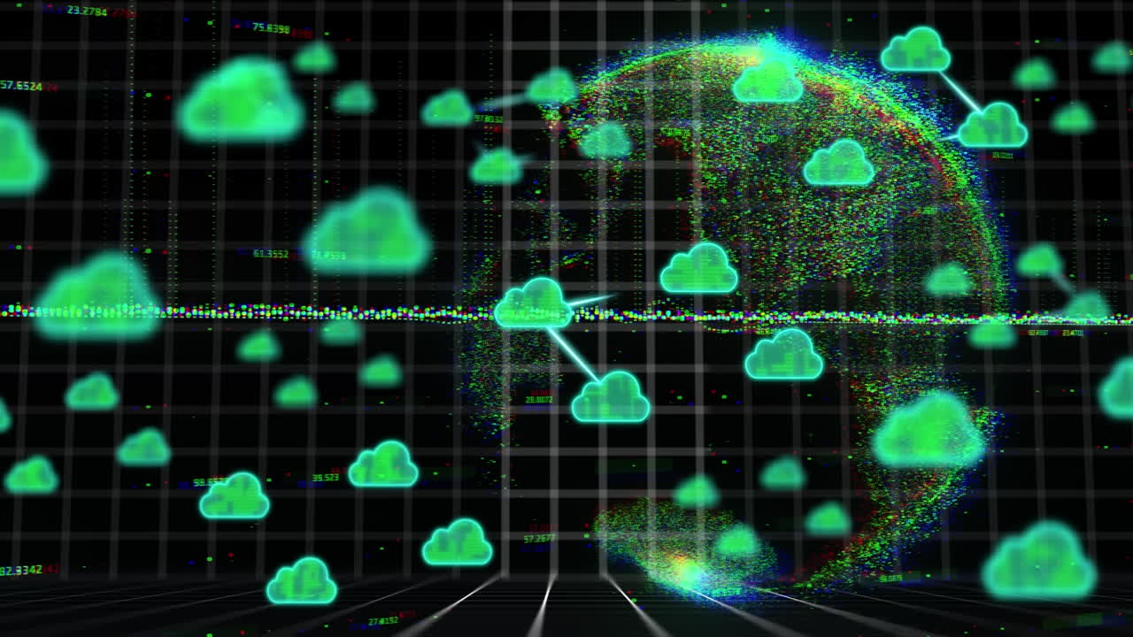 animación del globo, iconos de nubes y procesamiento de datos en la cuadrícula.