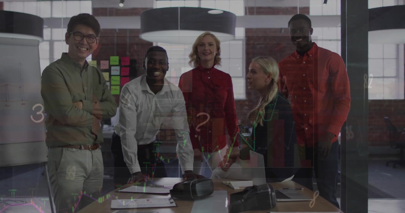 Animation of numbers and symbols floating against diverse colleagues discussing together at office