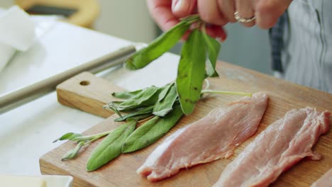 persona que prepara hojas de salvia para la saltimbocca