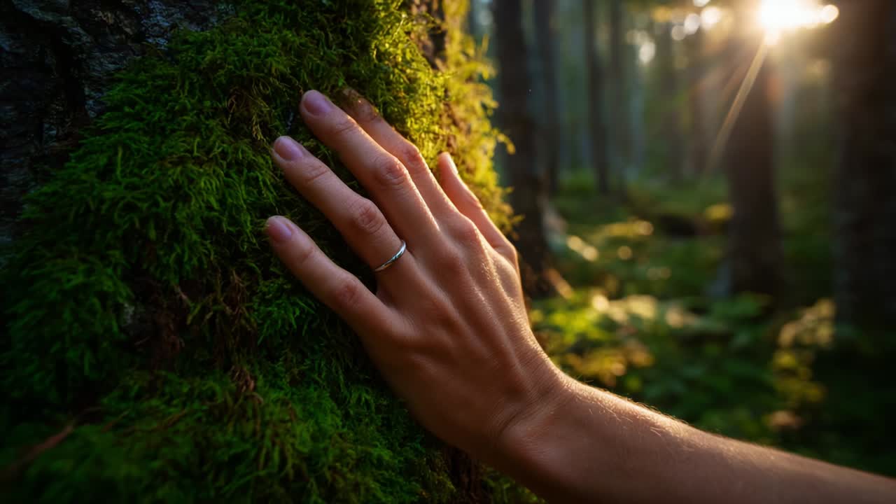 A Serene Moment of Connection: A Hand Gently Touching Moss-Covered Bark in a Lush Forest During Golden Hour, Illuminating Nature's Beauty and Tranquility as Sunlight Filters Through the Trees