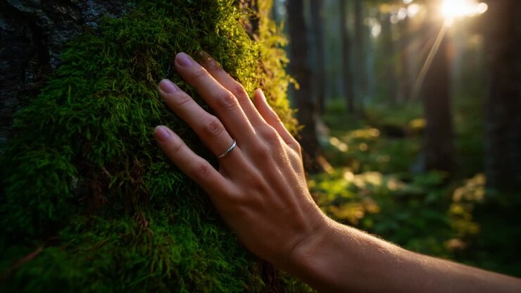A Serene Moment of Connection: A Hand Gently Touching Moss-Covered Bark in a Lush Forest During Golden Hour, Illuminating Nature's Beauty and Tranquility as Sunlight Filters Through the Trees