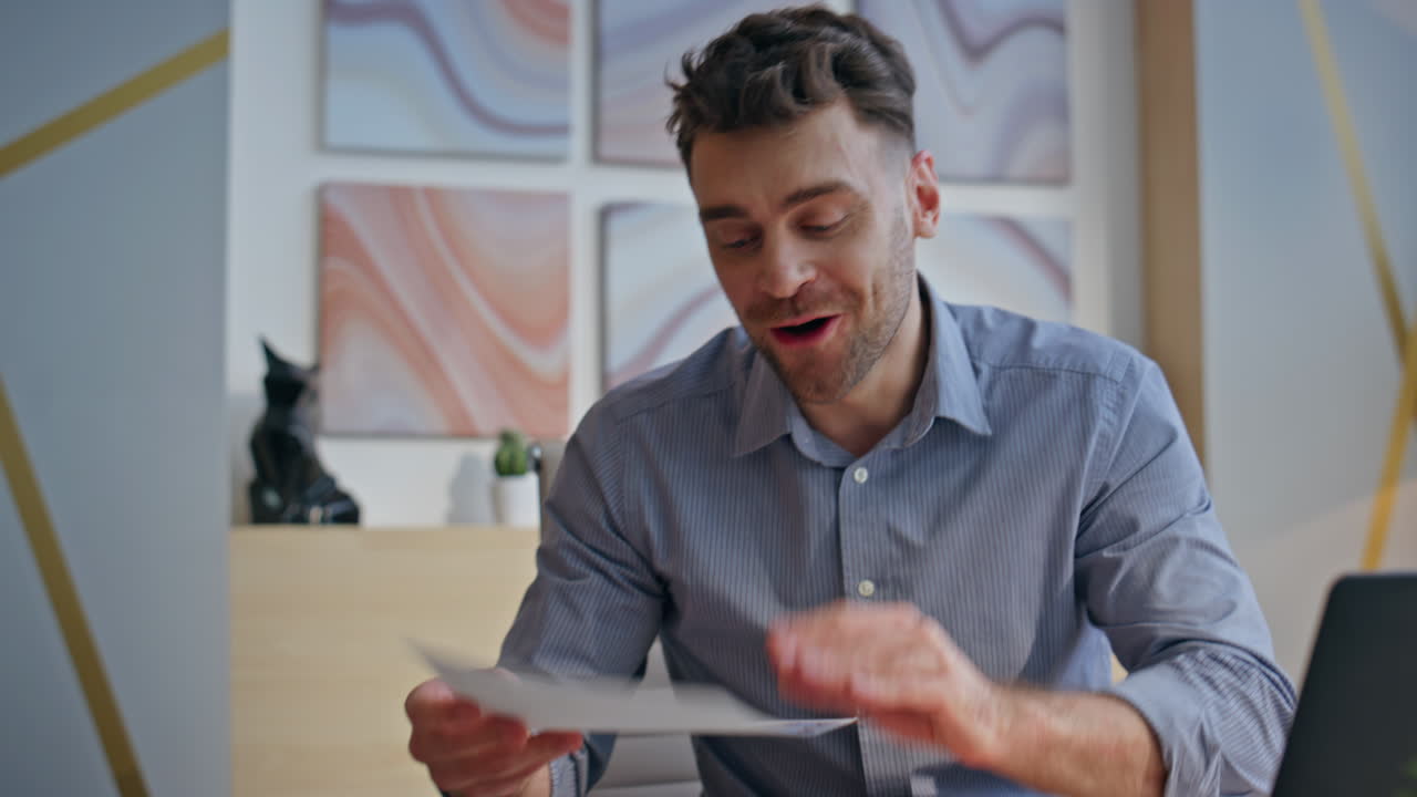 Overjoyed architect laughing virtual conference in office closeup. Man talking