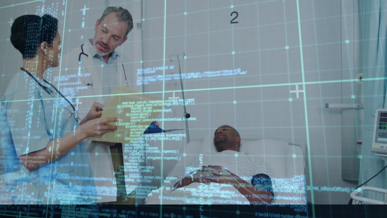 Animation of data processing over doctors with patient in hospital