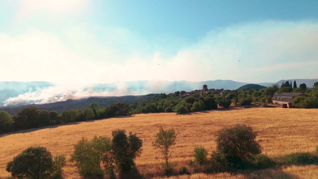 Un'ampia inquadratura paesaggistica dall'alto che mostra un denso fumo bianco di un incendio boschivo che copre l'orizzonte e le colline, in contrasto con un campo di grano dorato illuminato dal sole e un piccolo villaggio rurale sotto un cielo azzurro e limpido.