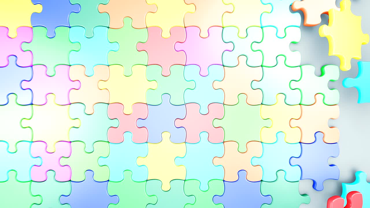 화면에 떨어지는 아름다운 다채로운 퍼즐 조각, 어린 시절 개념 3d 애니메이션, 전환에 유용한, 녹색 화면 알파 마스크.